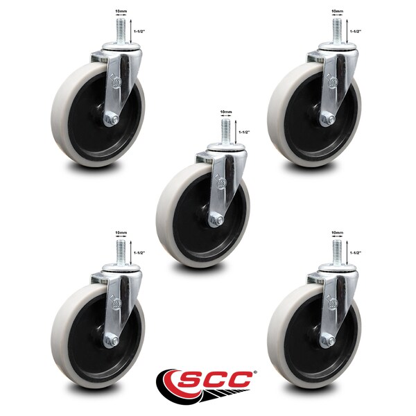 5 Inch Thermoplastic Rubber Wheel 10mm Threaded Stem Caster SCC, 5PK